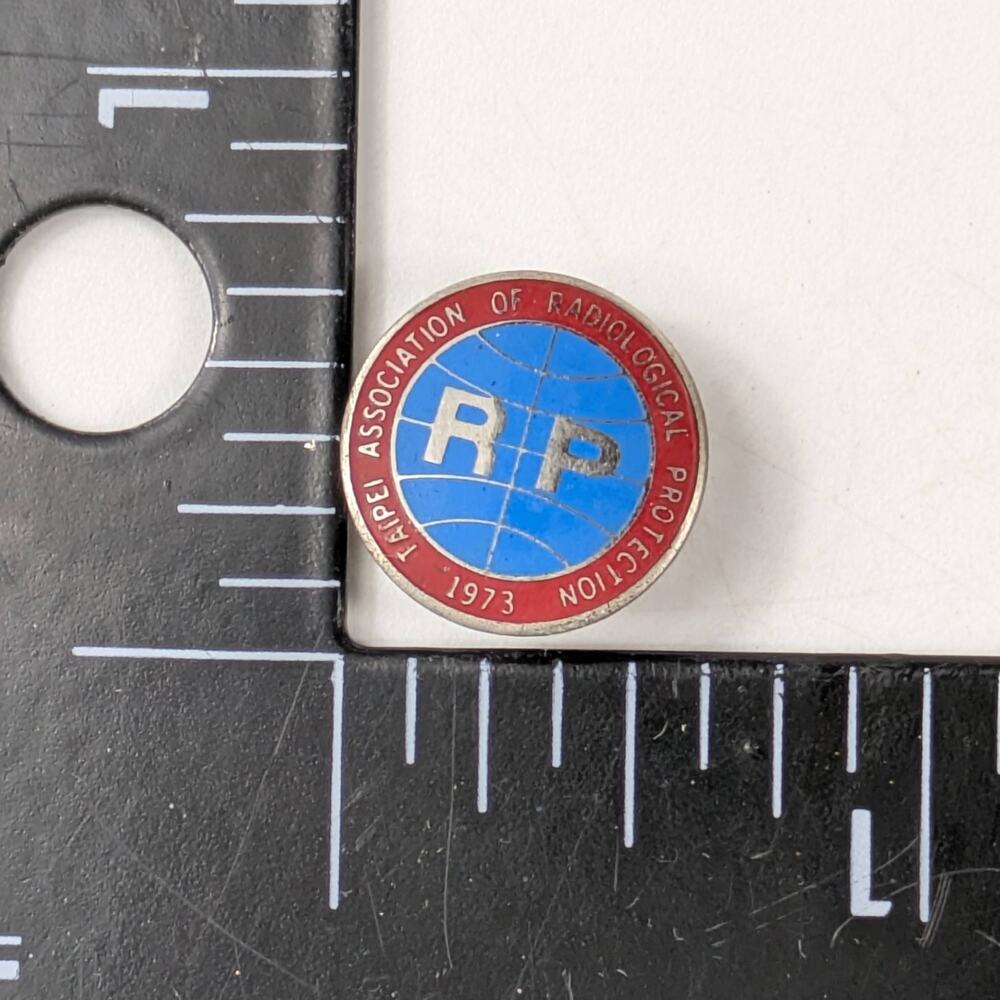 Vtg 1973 Taipei Radiological Protection Enamel Pinback Red Blue Science Badge